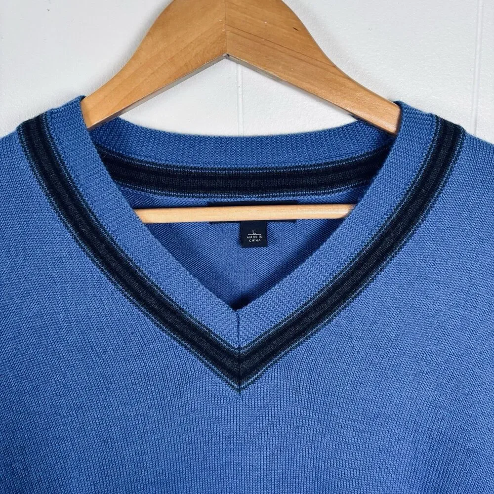 Banana Republic Mens Large Extra Fine Merino‎ Wool Blend V-Neck Sweater Blue